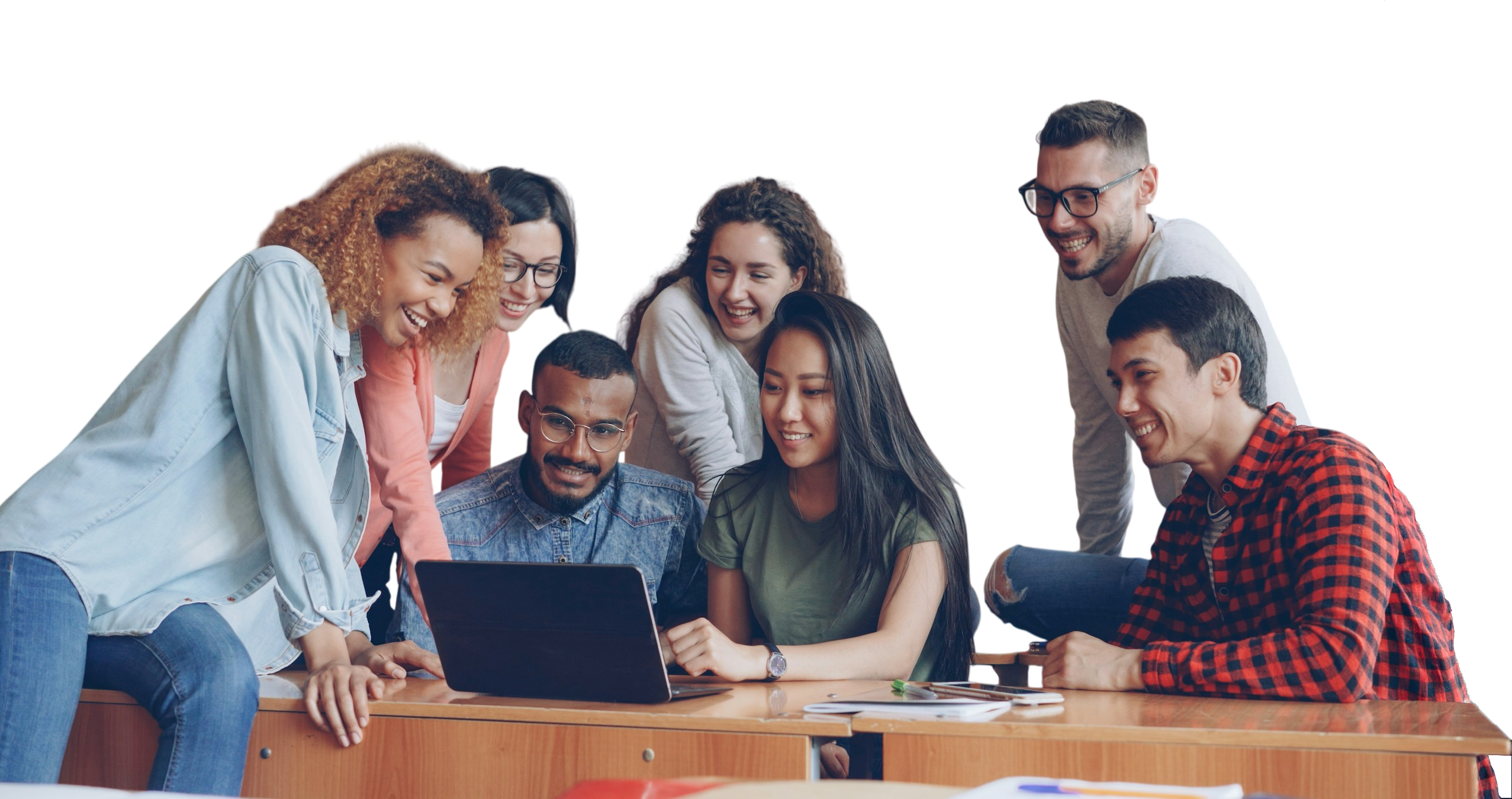 Team collaborating around a laptop